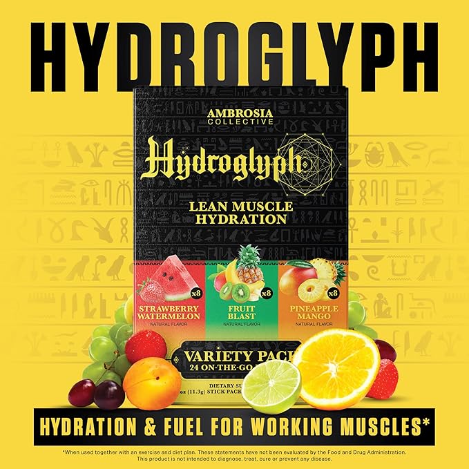 Ambrosia Hydroglyph Intraworkout Formula w/BCAA + EAA + Electrolytes Hydration Powder to Protect Lean Muscle, 0g Sugar Fasting Hydration Drink Mix, Made w/Coconut Water (Variety Pack) On-The-Go Packs