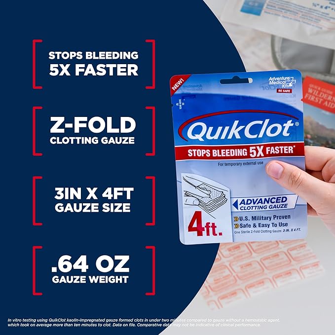 Adventure Medical Kits QuikClot Gauze - Flexible Hemostatic Medical Gauze for Emergency Survival or Disaster Preparedness Kits & More - Stops Bleeding Fast with Kaolin - 3" x 48"