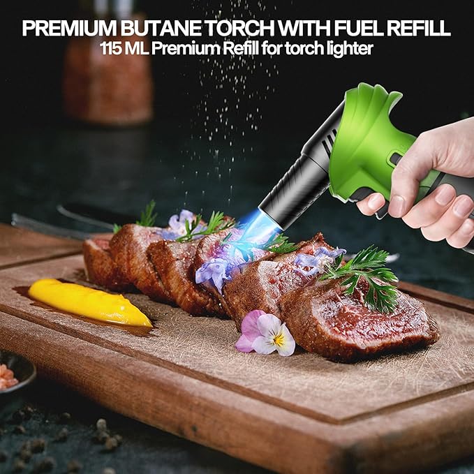 Butane Torch Lighter with Butane Included, 115Ml Butane Refill, 0-90°Rotating Angle Kitchen Torch, Refillable Creme Brulee Torch with Safety Lock, Adjustable Flame for Soldering, Cooking