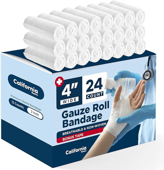 California Basics 24-Pack Gauze Bandage Roll with Tape, 4 Inches x 4 Yards - Soft, Stretchable & Breathable Wrap for Wound Care, First Aid & Medical Supplies - White