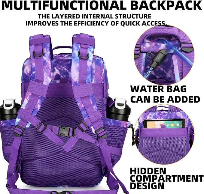 25L Tactical Backpack Military Tactical Backpack for Men and Women Small Assault Pack Outdoor Travel Hiking Camping Rucksack with Molle Webbing (Purple Camo)