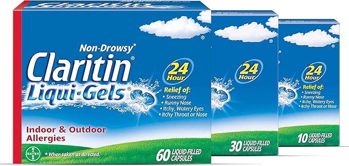Claritin Allergy Medicine for Adults, 24-Hour Non-Drowsy Loratadine 10mg Liqui-Gels, Antihistamine, 1x10, 1x30, 1x60, 100 Total Liqui-Gels