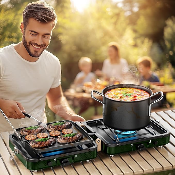 AFFLUENT 2 Burner Propane Camping Stove with Grill and Storage Bag- A Must - Have Camp Stove Propane! Foldable, Featuring Two Adjustable Burners Ideal Portable Camping Stove for Camping & BBQ(Green)