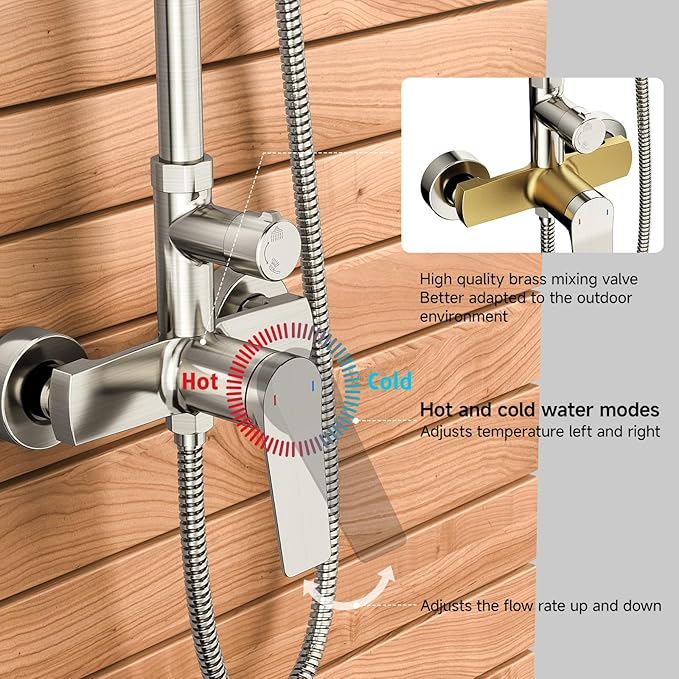 Rainsworth Outdoor Shower Kit Brushed Nickel - Single Handle Brass Valve, 8 Inch Rain Shower Head and Handheld Spray Shower Fixture Combo, SUS 304 Stainless Steel Wall-Mounted Faucet