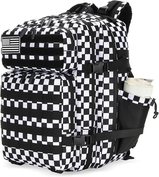 25L Tactical Military Backpack Small Travel Rucksack for Men and Women Assault Pack Bug Out Bag Molle Daypack Gym Backpack with Bottle Holder (Black White Checkered)