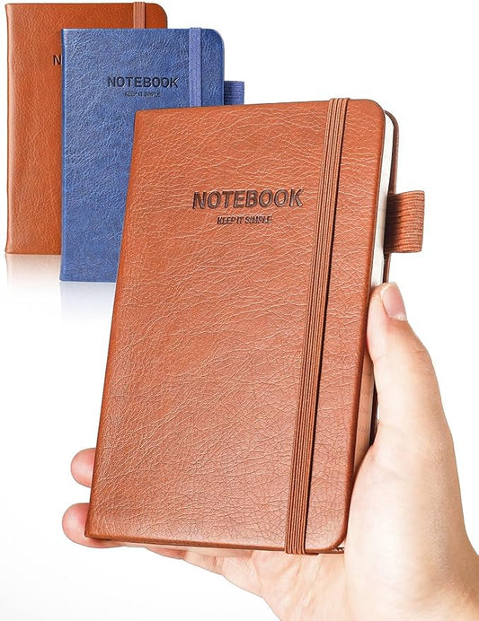 AISBUGUR Pocket Notebook Small Notebook 2-Pack, 3.5" x 5.5" Pocket Notebooks Hardcover with Thick Lined Paper, Inner Pockets, Cover Letter Embossing Design Mini Journal Notepad 1Brown 1Blue Leather