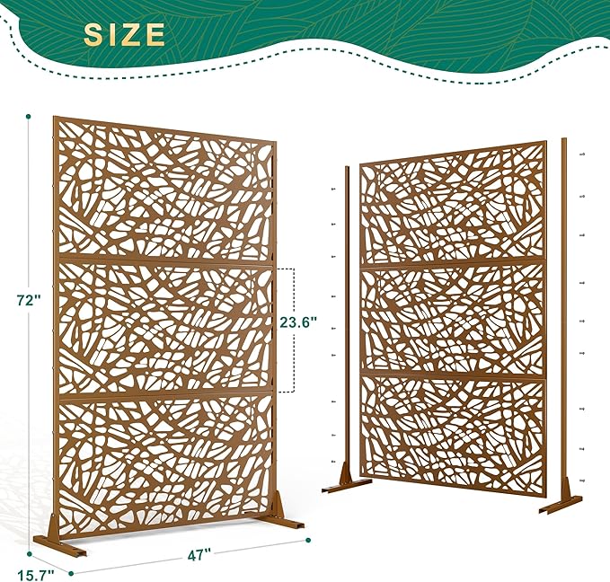72" H47" W Metal Outdoor Privacy Screen - Freestanding, Decorative Fence (3 Panels)