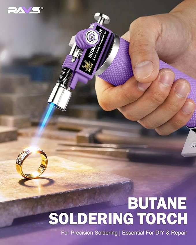 RAVS Butane Torch, 2 Flame Mode Soldering Torches, Kitchen Torch with Adjustable Flame, Industrial Soldering Torches for DIY, Brazing, Welding, Resin Art, Purple Mini Torch, Butane not Include