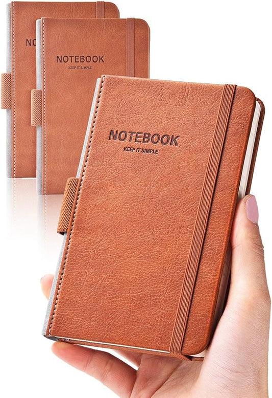 AISBUGUR Pocket Notebook Small Notebook 2-Pack, 3.5" x 5.5" Pocket Notebooks Hardcover with Thick Lined Paper, Inner Pockets, Cover Letter Embossing Design Mini Journal Notepad Brown Leather