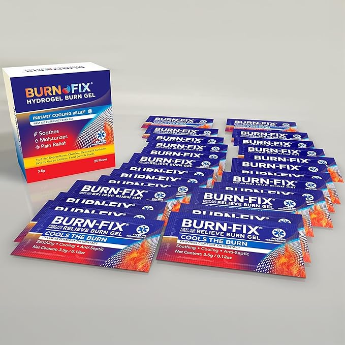 BurnFix® Hydrogel Burn Gel Packets – 3.5 g Soothing First Aid Burn Cream for Instant Cooling Relief on Minor Burns, Sunburns & Scalds │ Ideal Emergency Kit Essential (Pack of 25)