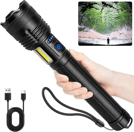 Rechargeable Flashlights 90000 High Lumen, 10000 ɱAh ΒATTERY LED Flashlight with Cob-Light for Home, Super Bright Flash Light 7 Modes, IPX7 Waterproof for Outdoor Camping