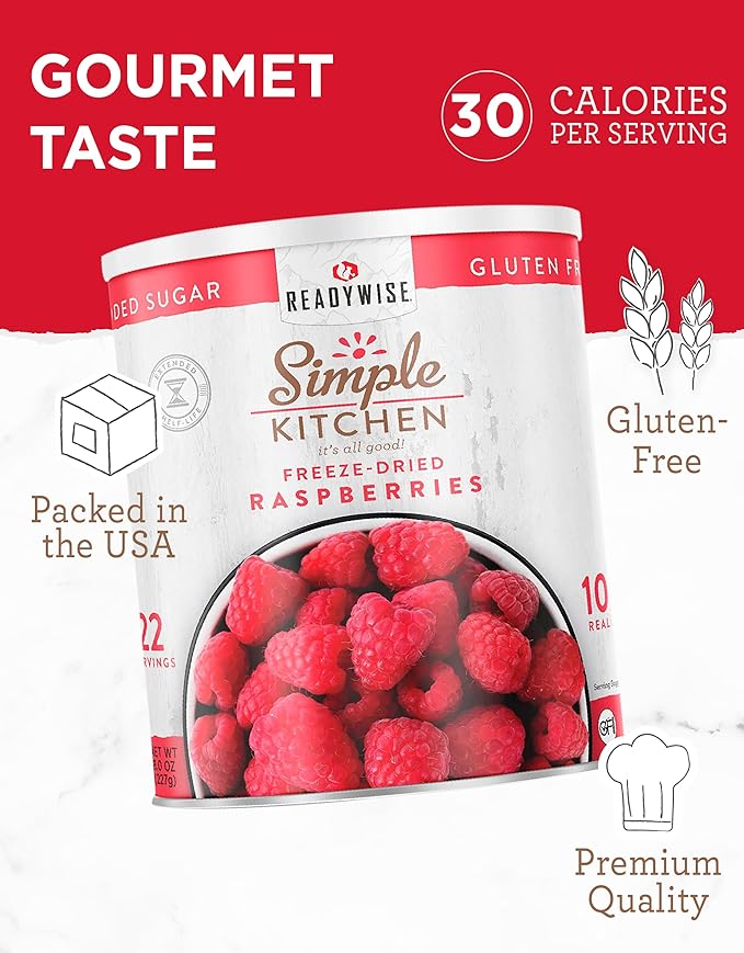 READYWISE - Simple Kitchen Freeze Dried Raspberries, 22 Servings, Vegan, Gluten Free, Healthy Snack, Survival Food, Dried Fruit, Raspberries