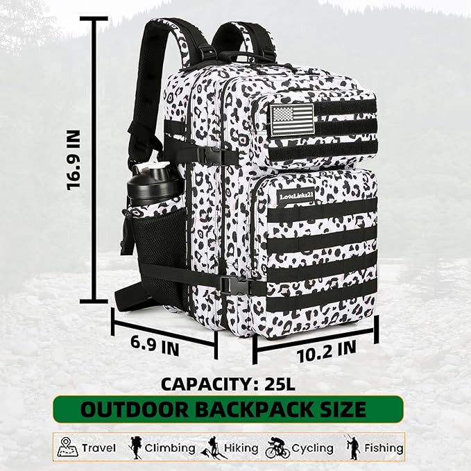 25L Tactical Backpack Military Tactical Backpack for Men and Women Small Assault Pack Outdoor Travel Hiking Camping Rucksack with Molle Webbing (White Leopard)