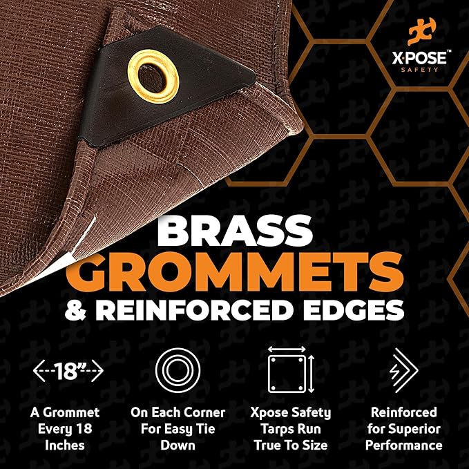 10' x 12' Super Heavy Duty 16 Mil Brown Poly Tarp Cover - Thick Waterproof, UV Resistant, Rip and Tear Proof Tarpaulin with Grommets and Reinforced Edges - by Xpose Safety