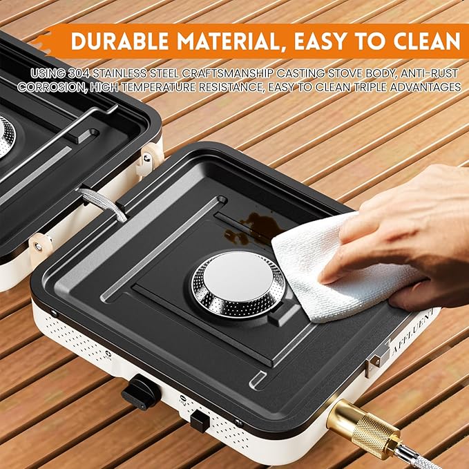 AFFLUENT 2 Burner Propane Camping Stove with Grill and Storage Bag- A Must - Have Camp Stove Propane! Foldable, Featuring Two Adjustable Burners Ideal Portable Camping Stove for Camping & BBQ(White)