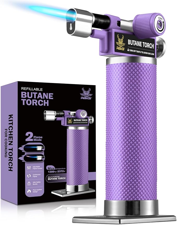 RAVS Butane Torch, 2 Flame Mode Soldering Torches, Kitchen Torch with Adjustable Flame, Industrial Soldering Torches for DIY, Brazing, Welding, Resin Art, Purple Mini Torch, Butane not Include