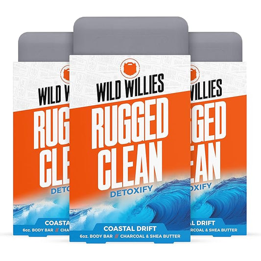 Wild Willies Moisturizing Mens Bar Soap - Bath Soaps with Shea Butter for Odor Protection - Natural Body Bar for Men - Coastal Drift Scent, 3 Pack