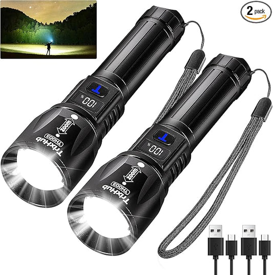 Rechargeable Flashlights 2Pack High Lumens, 5Mode Rechargeable Flashlights with LCD Digital Display, Super Bright Flashlight Adjustable Tactical Flash Light, High Powered LED Flashlight for Emergency