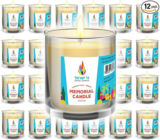 24 Hour Candles, 1 Day Glass Yahrzeit Memorial Candles (12 Pack) | Burns for Approximately 26 Hours, Good for Yizkor and Yahrzeit, 1 Day Candle in Glass Tumbler