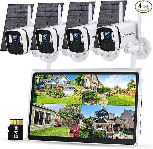 4MP Solar Powered Security Camera Outdoor Wireless System with 10" Monitor, 5G/2.4G WiFi 4PCS Outdoor Battery Camera with Solar Panel10CH Home Security System AI Human Detection 2-Way Audio