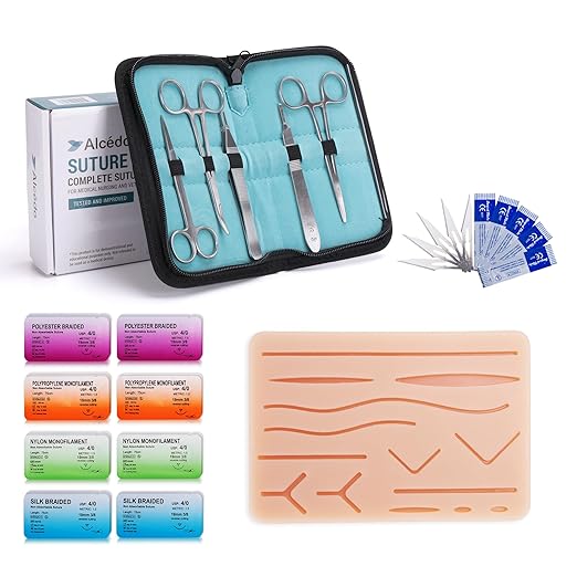 Alcedo Suture Practice Kit for Medical Students, Complete Set (32 Pieces) Include Durable Regular Suturing Pad with Pre-Cut Wounds, Tools Kit, and Suture Threads, Perfect for Practice and Education