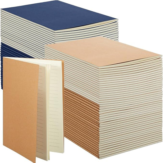 100 Pcs Kraft Notebook Journals 5.5 Inch x 8.3 Inch A5 Softcover Notebooks Bulk for Writing Sketch Office Notepad with 60 Pages 30 Sheets(Brown, Navy,Lined)