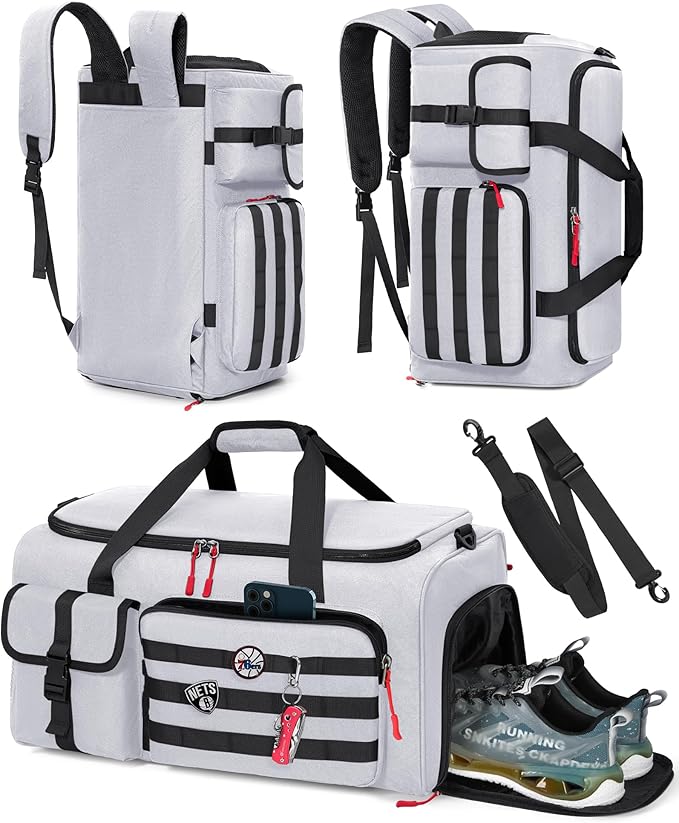 RAINSMORE Gym Bag for Men, 45L Sports Travel Duffel Bag with Shoe & Laptop Compartment, Gym Workout Backpack Carry On Weekender Bag Overnight Backpack for Travel, Grey