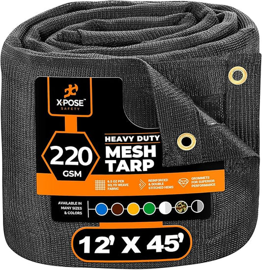 Xpose Safety Heavy Duty Mesh Tarp – 12’ x 45’ Multipurpose Black Protective Cover with Air Flow - Use for Tie Downs, Shade, Fences, Canopies, Dump Trucks – Tear Resistant