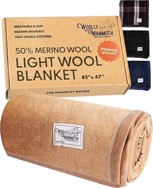 Woolly Mammoth 50% Wool Blanket - Warm, Thick Outdoor Throw for Winter - for Picnics & Travel, Machine Washable - 85" x 47", Beige - Wool Picnic Blanket