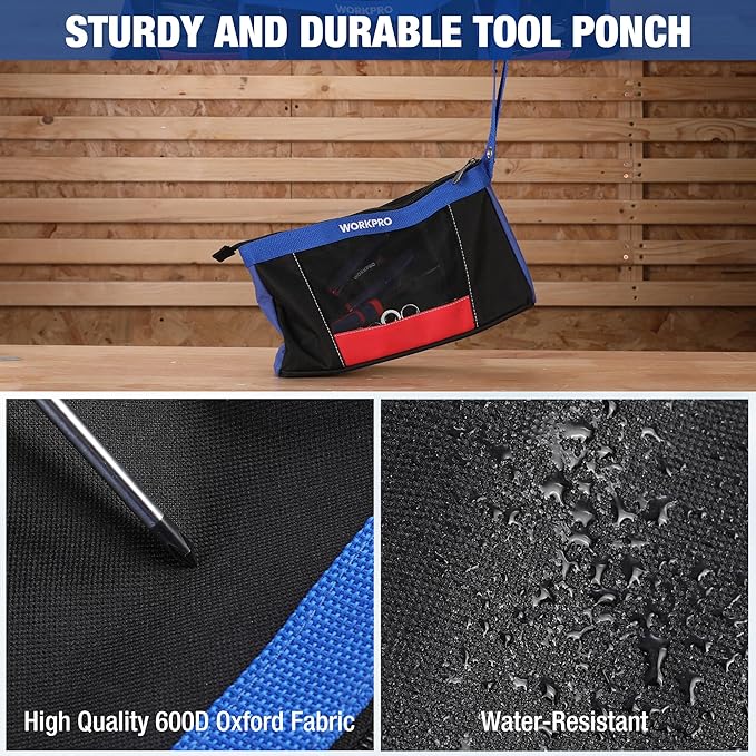 WORKPRO 12" Tool Pouches with Zipper, Heavy-Duty Small Tool Bag, Utility small tool pouch for Tool Organizers and Storage, Mini Tool Bag, 3 Pack