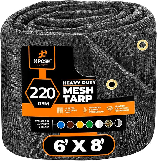 Xpose Safety Heavy Duty Mesh Tarp 6' x 8' – Multipurpose Black Protective Cover with Air Flow - Use for Tie Downs, Shade, Fences, Canopies, Dump Trucks – Weather and Tear Resistant