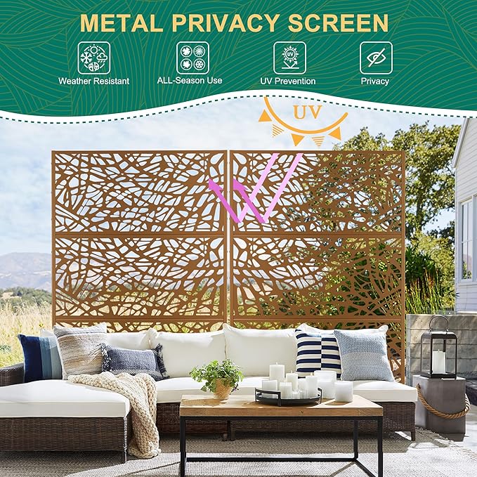 72" H47" W Metal Outdoor Privacy Screen - Freestanding, Decorative Fence (3 Panels)