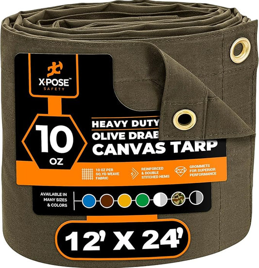 Xpose Safety Canvas Tarp - 10oz Olive Drab Canvas Tarps Heavy Duty Water Resistant with Brass Grommets- Multipurpose Outdoor Tarpaulin for Camping, Canopy, Trailer, Equipment Cover 12' x 24'