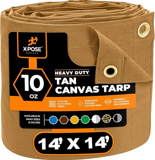 Xpose Safety Canvas Tarp - 10oz Tan Canvas Tarps Heavy Duty Water Resistant with Brass Grommets- Multipurpose Outdoor Tarpaulin for Camping, Canopy, Trailer, Equipment Cover 14' x 14'