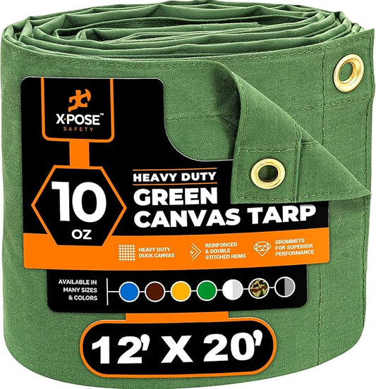 Xpose Safety Canvas Tarp - 10oz Green Canvas Tarps Heavy Duty Water Resistant with Brass Grommets- Multipurpose Outdoor Tarpaulin for Camping, Canopy, Trailer, Equipment Cover 12' x 20'