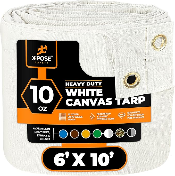 Xpose Safety Canvas Tarp - 10oz White Canvas Tarps Heavy Duty Water Resistant with Brass Grommets- Multipurpose Outdoor Tarpaulin for Camping, Canopy, Trailer, Equipment Cover 6' x 10'