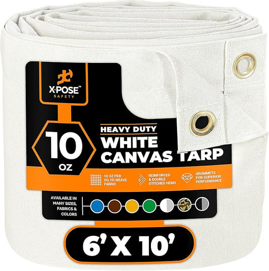 Xpose Safety Canvas Tarp - 10oz White Canvas Tarps Heavy Duty Water Resistant with Brass Grommets- Multipurpose Outdoor Tarpaulin for Camping, Canopy, Trailer, Equipment Cover 6' x 10'