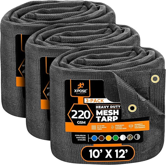 Xpose Safety Heavy Duty Mesh Tarp 10' x 12' (3-Pack) – Multipurpose Black Protective Cover with Air Flow - Use for Tie Downs, Shade, Fences, Canopies, Dump Trucks – Weather and Tear Resistant