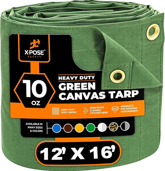 Xpose Safety Canvas Tarp - 10oz Green Canvas Tarps Heavy Duty Water Resistant with Brass Grommets- Multipurpose Outdoor Tarpaulin for Camping, Canopy, Trailer, Equipment Cover 12' x 16'