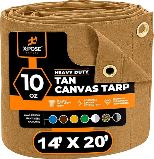 Xpose Safety Canvas Tarp - 10oz Tan Canvas Tarps Heavy Duty Water Resistant with Brass Grommets- Multipurpose Outdoor Tarpaulin for Camping, Canopy, Trailer, Equipment Cover 14' x 20'