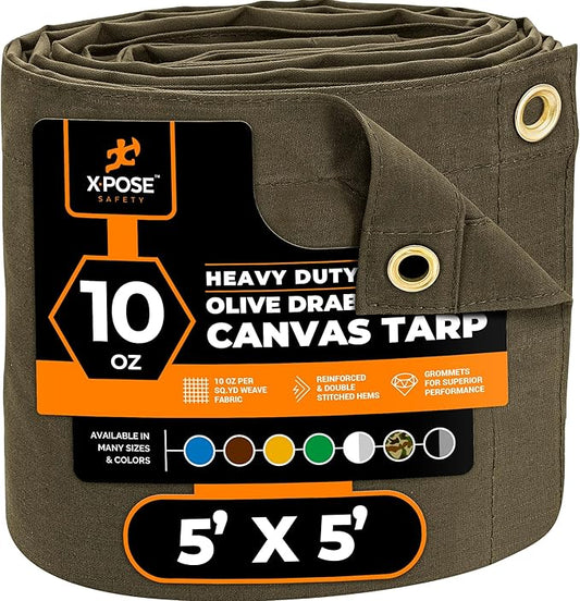 Xpose Safety Canvas Tarp - 10oz Olive Drab Canvas Tarps Heavy Duty Water Resistant with Brass Grommets- Multipurpose Outdoor Tarpaulin for Camping, Canopy, Trailer, Equipment Cover 5' x 5'