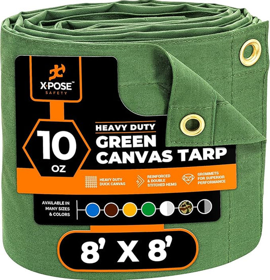 Xpose Safety Canvas Tarp - 10oz Green Canvas Tarps Heavy Duty Water Resistant with Brass Grommets- Multipurpose Outdoor Tarpaulin for Camping, Canopy, Trailer, Equipment Cover 8' x 8'