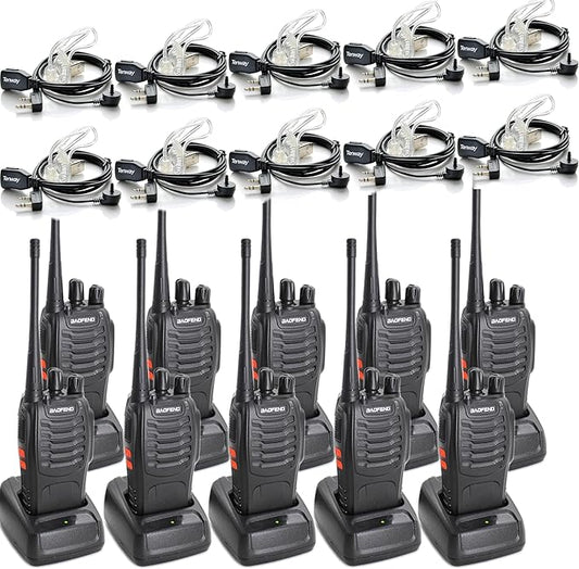 Walkie Talkies for Adults Rechargeable Long Range 16 Channel Professional Walky Talky and Security Headphones Flashlight Li-ion Battery and Charger (10 Pack)