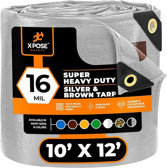 10' x 12' Super Heavy Duty 16 Mil Silver/Brown Poly Tarp Cover - Thick Waterproof, UV Resistant, Rip and Tear Proof Tarpaulin with Grommets and Reinforced Edges - by Xpose Safety