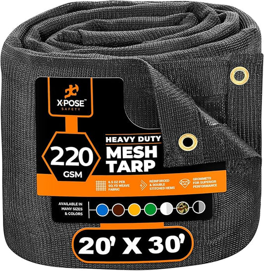 Xpose Safety Heavy Duty Mesh Tarp – 20' x 30' Multipurpose Black Protective Cover with Air Flow - Use for Tie Downs, Shade, Fences, Canopies, Dump Trucks – Weather and Tear Resistant