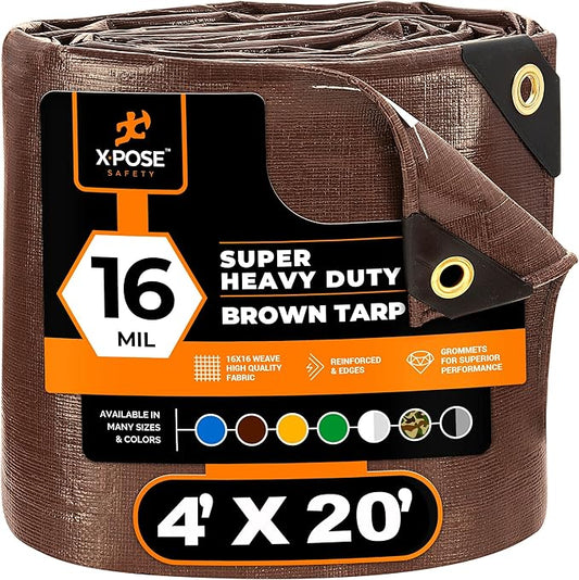 4' x 20' Super Heavy Duty 16 Mil Brown Poly Tarp Cover - Thick Waterproof, UV Resistant, Rip and Tear Proof Tarpaulin with Grommets and Reinforced Edges - by Xpose Safety