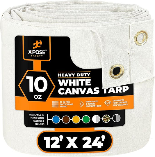 Xpose Safety Canvas Tarp - 10oz White Canvas Tarps Heavy Duty Water Resistant with Brass Grommets- Multipurpose Outdoor Tarpaulin for Camping, Canopy, Trailer, Equipment Cover 12' x 24'