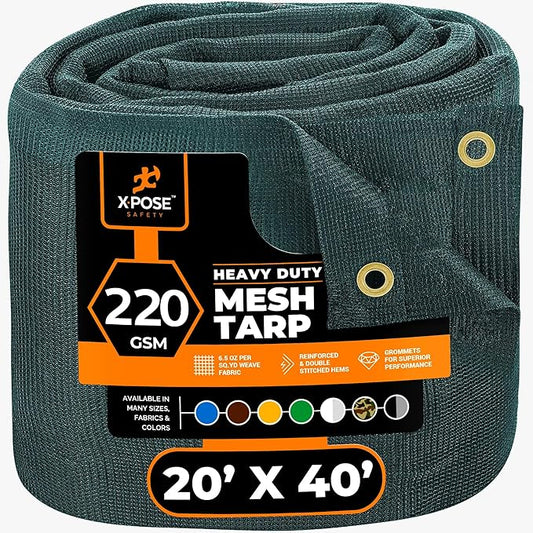 Xpose Safety Heavy Duty Green Mesh Tarp 20' x 40' – 70% Sunblock Shade Cloth with Grommets for Garden, Fence, Privacy Screen, Canopies, Dump Trucks, Pool Cover – Tear & Weather Resistant