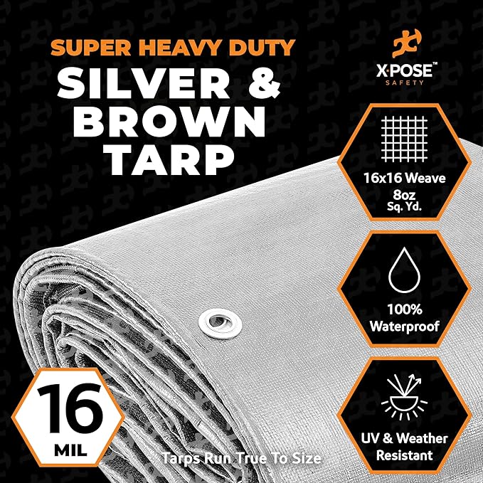 10' x 10' Super Heavy Duty 16 Mil Silver/Brown Poly Tarp Cover - Thick Waterproof, UV Resistant, Rip and Tear Proof Tarpaulin with Grommets and Reinforced Edges - by Xpose Safety