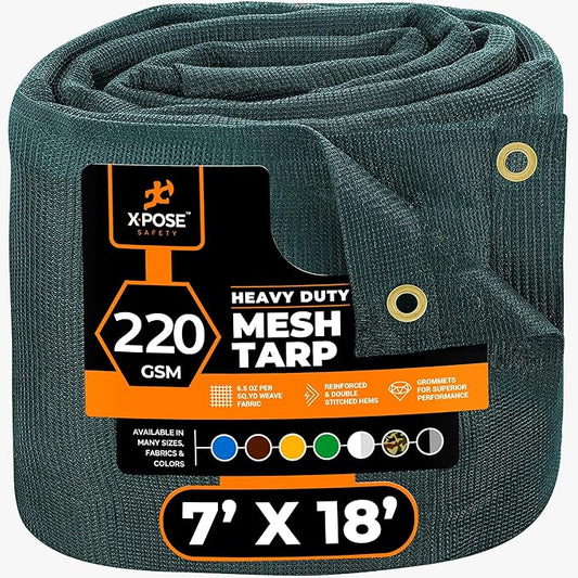 Xpose Safety Heavy Duty Green Mesh Tarp 7' x 18' – 70% Sunblock Shade Cloth with Grommets for Garden, Fence, Privacy Screen, Canopies, Dump Trucks, Pool Cover – Tear & Weather Resistant